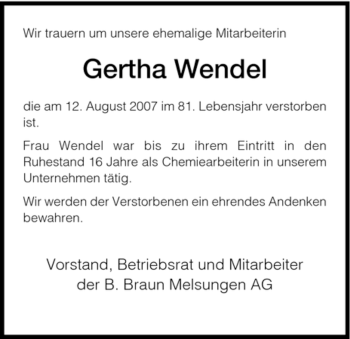 Todesanzeige von Gertha Wendel von HNA
