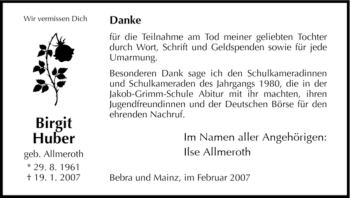 Todesanzeige von Birgit Huber von HNA