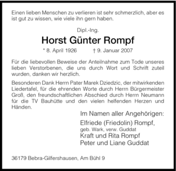 Todesanzeige von Horst Guenter von HNA