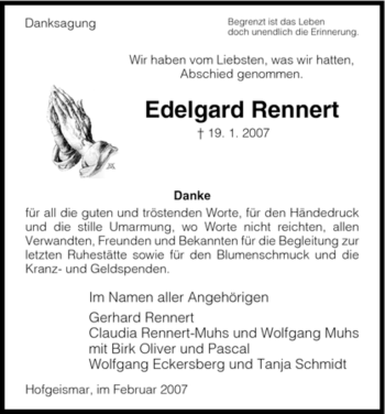 Todesanzeige von Edelgard Rennert von HNA