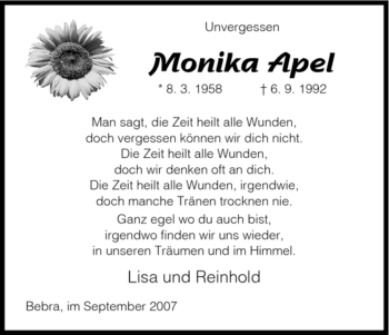 Todesanzeige von Monika Apel von HNA