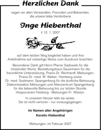 Todesanzeige von Inge Hiebenthal von HNA