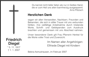 Todesanzeige von Friedrich Diegel von HNA