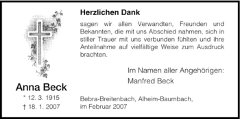 Todesanzeige von Anna Beck von HNA