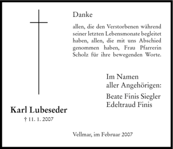 Todesanzeige von Karl Lubeseder von HNA