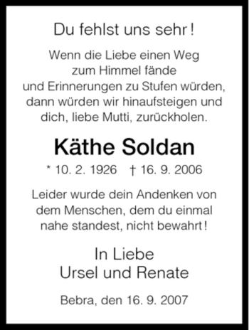 Todesanzeige von Käthe Soldan von HNA