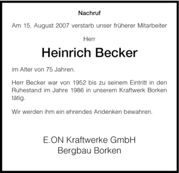 Todesanzeige von Heinrich Becker von HNA