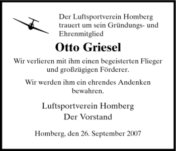 Todesanzeige von Otto Griesel von HNA