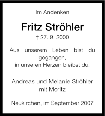 Todesanzeige von Fritz Ströhler von HNA