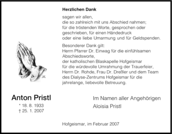 Todesanzeige von Anton Pristl von HNA