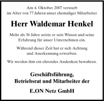 Todesanzeige von Waldemar Henkel von HNA