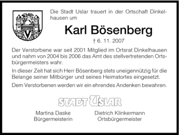 Todesanzeige von Karl Bösenberg von HNA