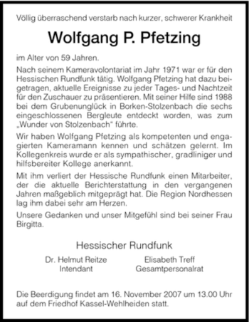Todesanzeige von Wolfgang P. Pfetzing von HNA