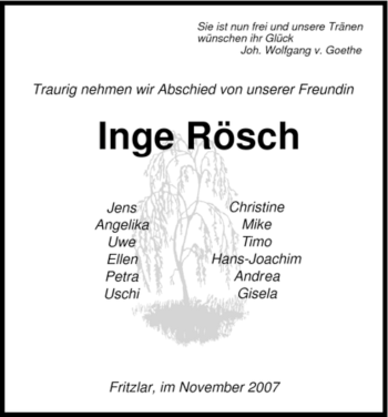 Todesanzeige von Inge Rösch von HNA