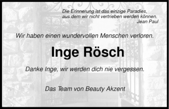Todesanzeige von Inge Rösch von HNA