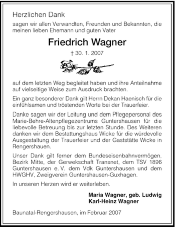 Todesanzeige von Friedrich Wagner von HNA