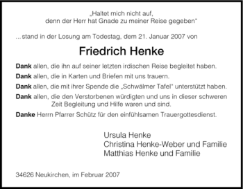 Todesanzeige von Friedrich Henke von HNA