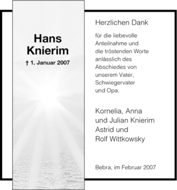 Todesanzeige von Hans Knierim von HNA