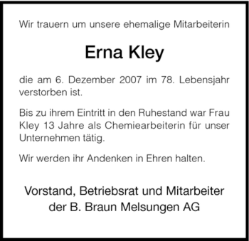 Todesanzeige von Erna Kley von HNA