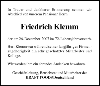Todesanzeige von Friedrich Klemm von HNA