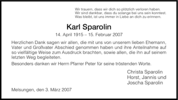Todesanzeige von Karl Sparolin von HNA