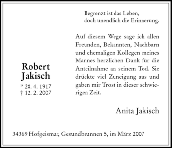 Todesanzeige von Robert Jakisch von HNA