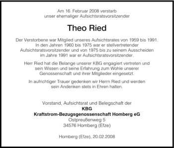 Todesanzeige von Theo Ried von HNA