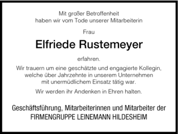 Todesanzeige von Elfriede Rustemeyer von HNA