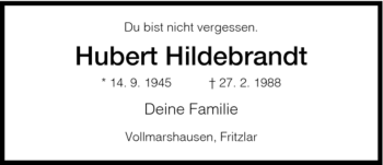 Todesanzeige von Hubert Hildebrandt von HNA