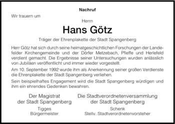 Todesanzeige von Hans Götz von HNA