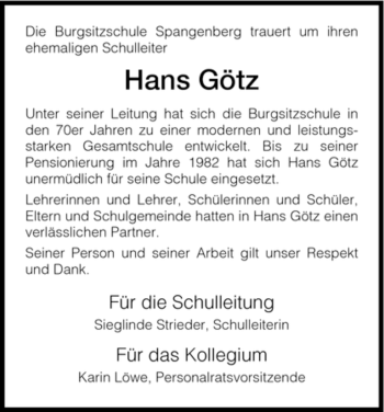 Todesanzeige von Hans Götz von HNA