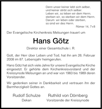 Todesanzeige von Hans Götz von HNA