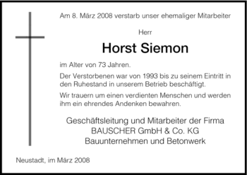 Todesanzeige von Horst Siemon von HNA