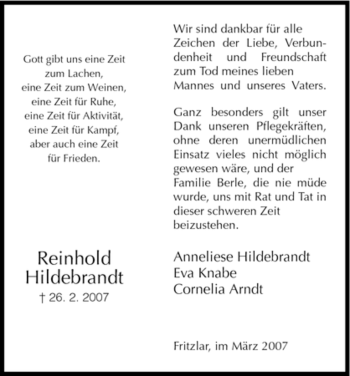 Todesanzeige von Reinhold Hildebrand von HNA