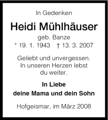 Todesanzeige von Heidi Mühlhäuser von HNA