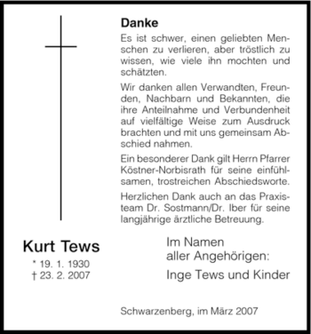 Todesanzeige von Kurt Tews von HNA
