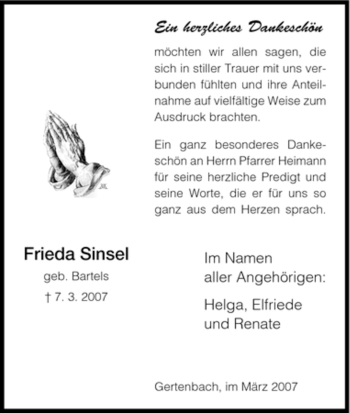 Todesanzeige von Frieda Sinsel von HNA
