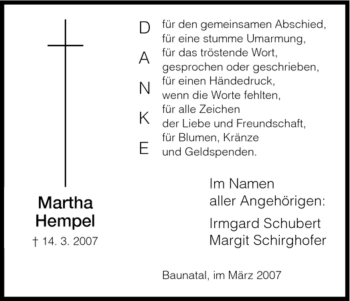 Todesanzeige von Martha Hempel von HNA