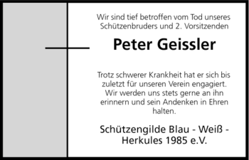 Todesanzeige von Peter Geissler von HNA