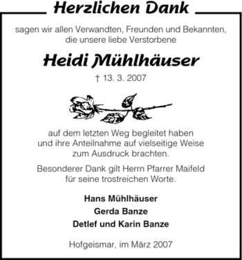 Todesanzeige von Heidi Mühlhäuser von HNA