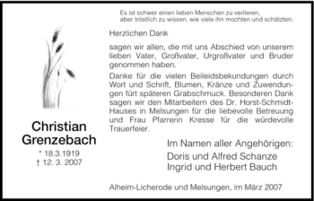 Todesanzeige von Christian Grenzebach von HNA