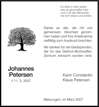 Todesanzeige von Johannes Petersen von HNA
