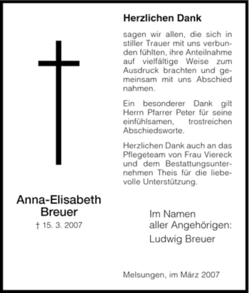 Todesanzeige von Anna-Elisabeth Breuer von HNA