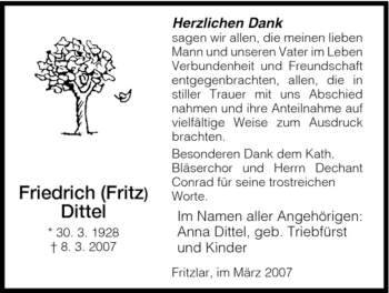 Todesanzeige von Friedrich Dittel von HNA