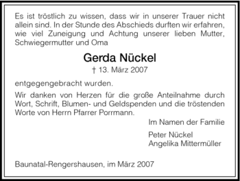 Todesanzeige von Gerda Nückel von HNA
