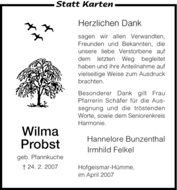 Todesanzeige von Wilma Probst von HNA