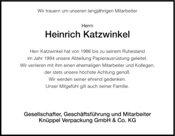 Todesanzeige von Heinrich Katzwinkel von HNA