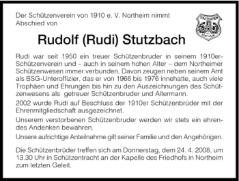 Todesanzeige von Rudolf Stutzbach von HNA