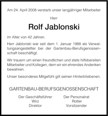 Todesanzeige von Rolf Jablonski von HNA