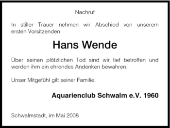 Todesanzeige von Hans Wende von HNA